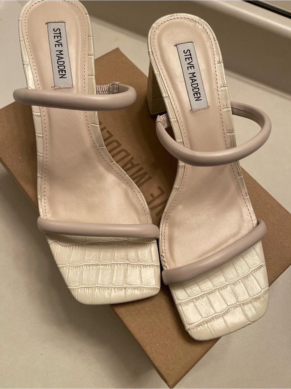 Steve Madden Cream/Light Pink Square-Toe Strappy Heels